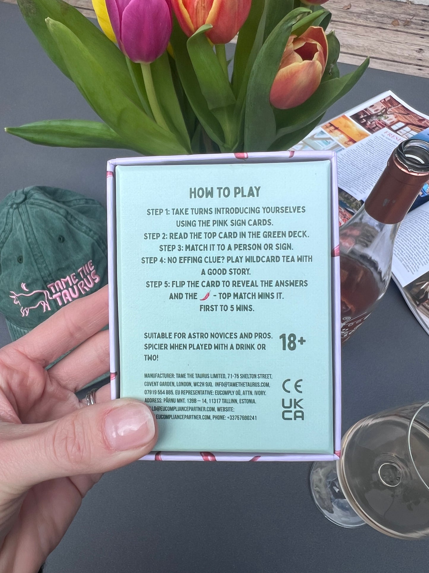 an image that shows astrology game, Tame the Taurus, a party game that's perfect for hens, dinners, drinks, get-togethers and is a perfect gift for any girlie. the image shows how to play - perfect for astro novices and pros. even better when played as a drinking game with a drink. 